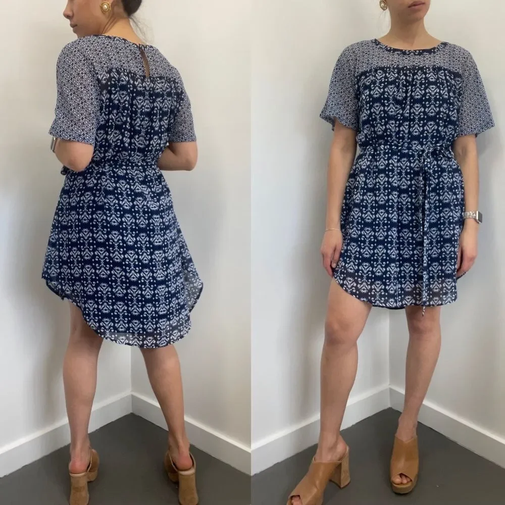 🔴LOFT Blue Printed Short Sleeve Belted Chiffon Crew Neck Summer Mini Dress SP - Picture 2 of 9